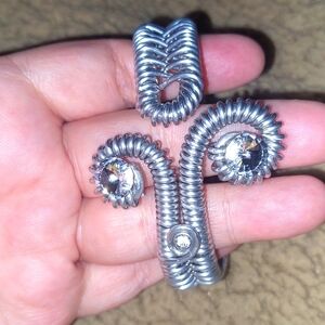 Silvertone Handmade Wire Spiral Statement Bracelet With Crystals.